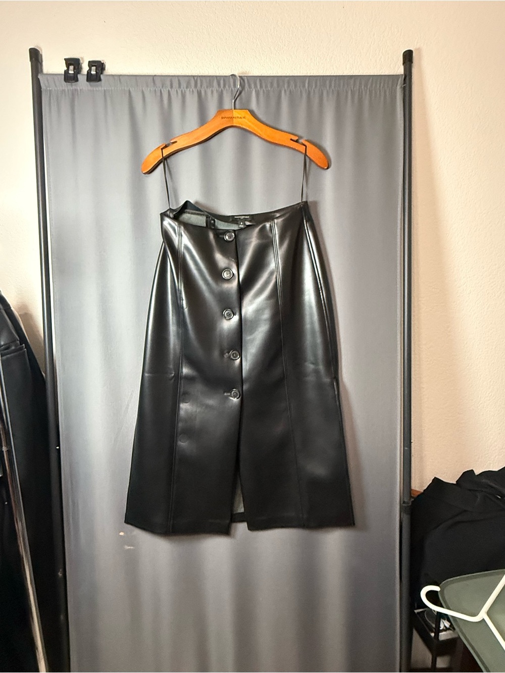 Black Vegan Leather Button-Front Midi Skirt